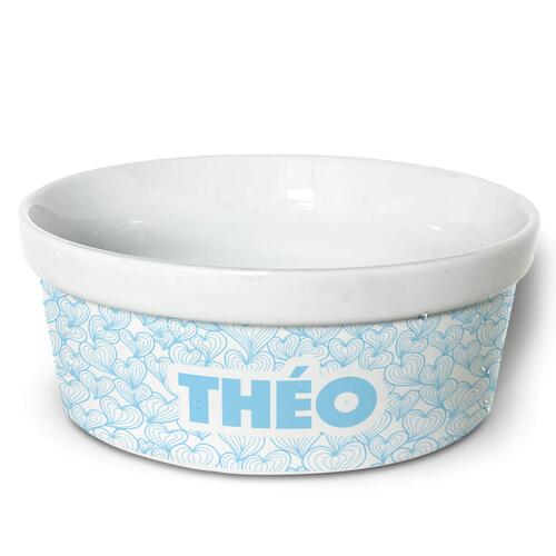 Comedouro/Bebedouro Personalizado Com o Nome do Pet - Tigela de Cer�mica para Pets - Mar de Cora��es - Azul
