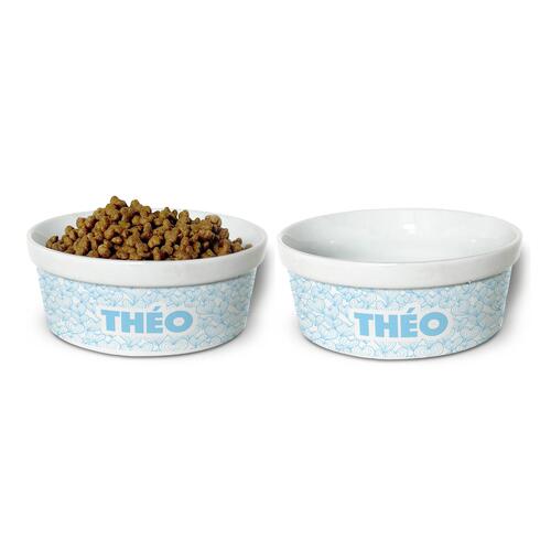 Kit Comedouro + Bebedouro Personalizados Com o Nome do Pet - Dupla de Tigelas de Cer�mica para Pets - Mar de Cora��es - Azul
