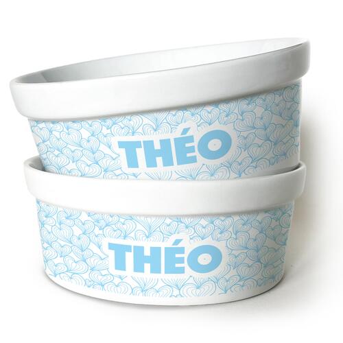 Kit Comedouro + Bebedouro Personalizados Com o Nome do Pet - Dupla de Tigelas de Cer�mica para Pets - Mar de Cora��es - Azul