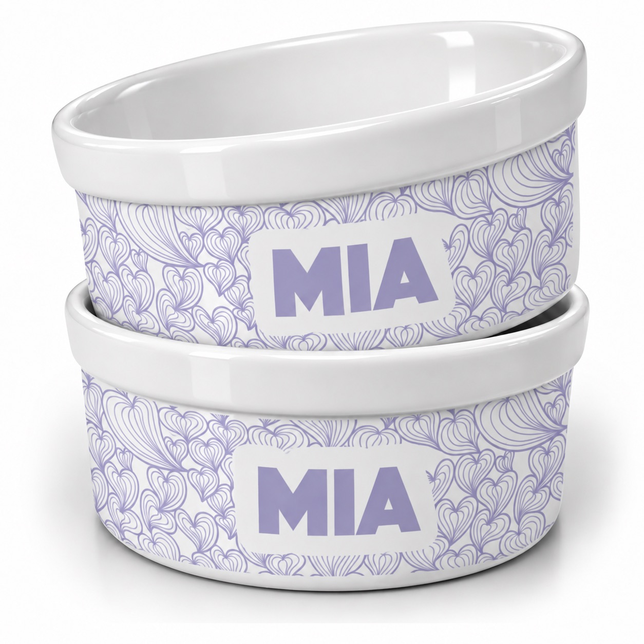 Kit Comedouro e Bebedouro de Cerâmica com Nome do Pet - Mar de Corações - Escolha a Cor