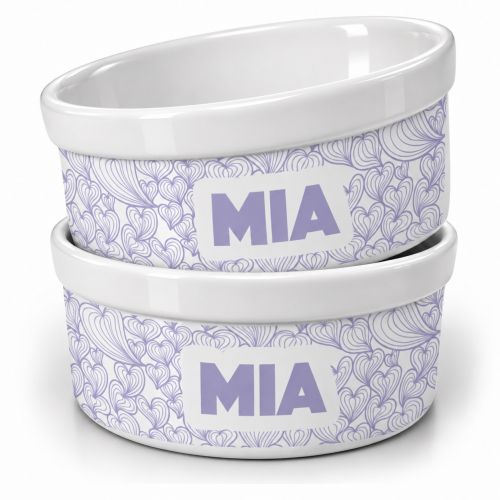 Kit Comedouro e Bebedouro de Cerâmica com Nome do Pet - Mar de Corações - Escolha a Cor