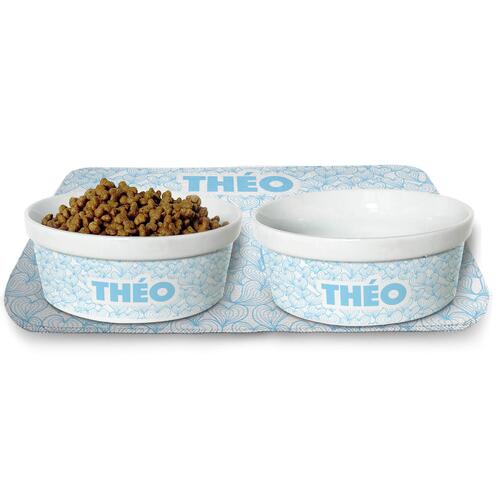 Kit Comedouro + Bebedouro + Tapete Personalizados - Mar de Cora��es - Azul