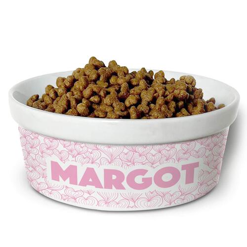 Comedouro/Bebedouro Personalizado Com o Nome do Pet - Tigela de Cer�mica para Pets - Mar de Cora��es - Rosa