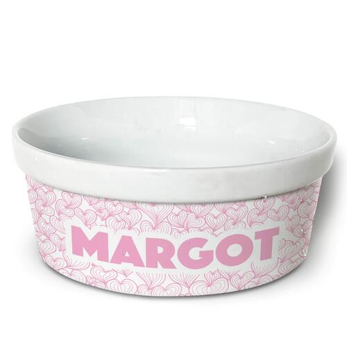 Comedouro/Bebedouro Personalizado Com o Nome do Pet - Tigela de Cer�mica para Pets - Mar de Cora��es - Rosa