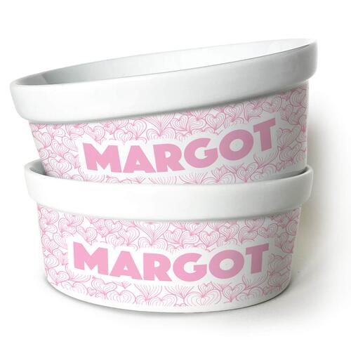 Kit Comedouro + Bebedouro Personalizados Com o Nome do Pet - Dupla de Tigelas de Cer�mica para Pets - Mar de Cora��es - Rosa