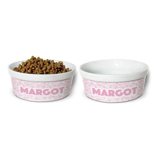 Kit Comedouro + Bebedouro Personalizados Com o Nome do Pet - Dupla de Tigelas de Cer�mica para Pets - Mar de Cora��es - Rosa