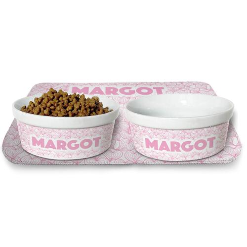 Kit Comedouro + Bebedouro + Tapete Personalizados - Mar de Cora��es - Rosa