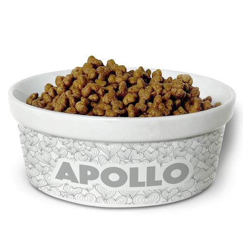 Comedouro/Bebedouro Personalizado Com o Nome do Pet - Tigela de Cer�mica para Pets - Mar de Cora��es - Cinza