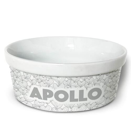 Comedouro/Bebedouro Personalizado Com o Nome do Pet - Tigela de Cer�mica para Pets - Mar de Cora��es - Cinza