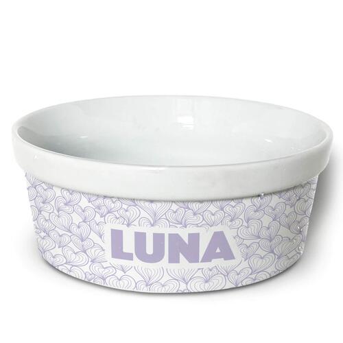 Comedouro/Bebedouro Personalizado Com o Nome do Pet - Tigela de Cer�mica para Pets - Mar de Cora��es - Lil�s