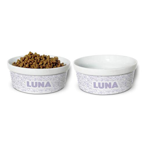 Kit Comedouro + Bebedouro Personalizados Com o Nome do Pet - Dupla de Tigelas de Cer�mica para Pets - Mar de Cora��es - Lil�s