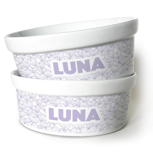 Kit Comedouro + Bebedouro Personalizados Com o Nome do Pet - Dupla de Tigelas de Cer�mica para Pets - Mar de Cora��es - Lil�s