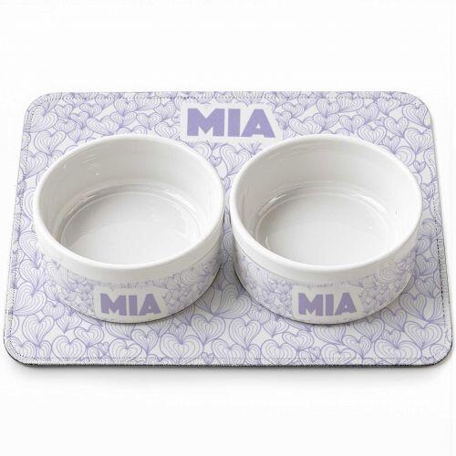 Kit Comedouro + Bebedouro + Tapete Personalizados - Mar de Corações - Escolha a Cor