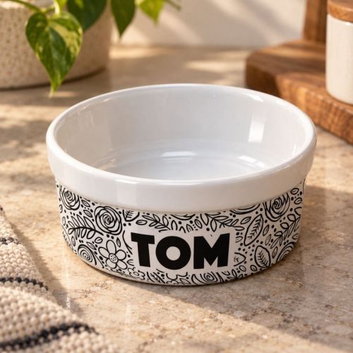 Comedouro ou Bebedouro de Cer�mica Personalizado - Floral P&B