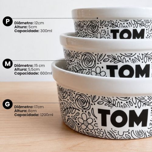 Comedouro ou Bebedouro de Cer�mica Personalizado - Floral P&B