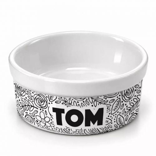 Comedouro ou Bebedouro de Cerâmica Personalizado - Floral P&B
