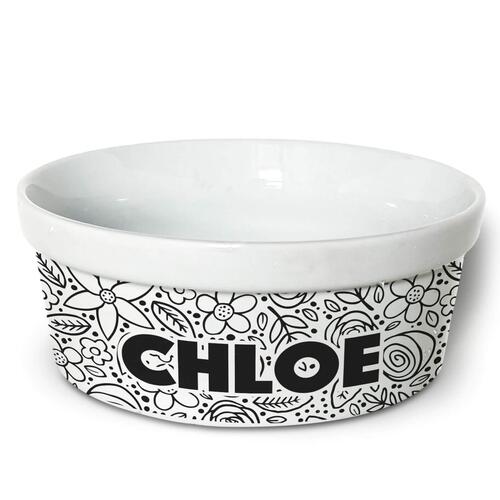 Comedouro/Bebedouro Personalizado Com o Nome do Pet - Tigela de Cer�mica para Pets - Floral P&B