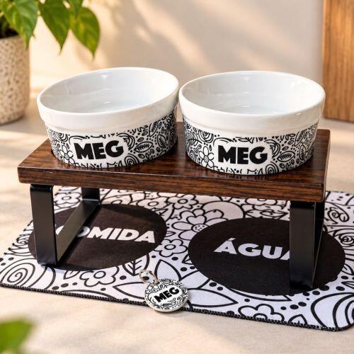 Kit Comedouro e Bebedouro de Cer�mica com Nome do Pet - Floral P&B