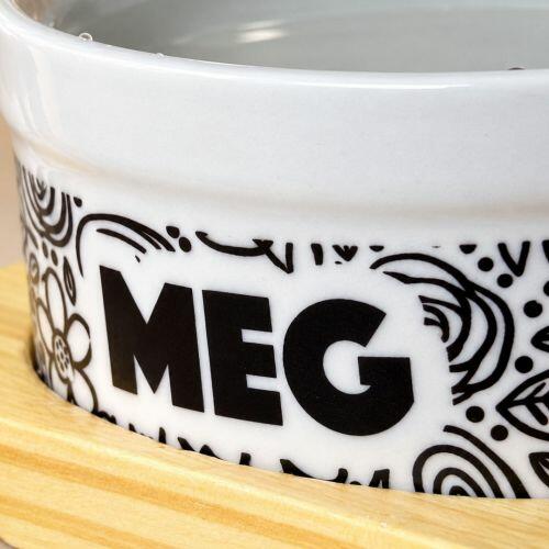 Kit Comedouro e Bebedouro de Cer�mica com Nome do Pet - Floral P&B