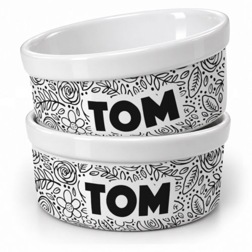 Kit Comedouro e Bebedouro de Cerâmica com Nome do Pet - Floral P&B