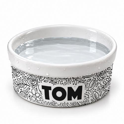 Kit Comedouro e Bebedouro de Cer�mica com Nome do Pet - Floral P&B
