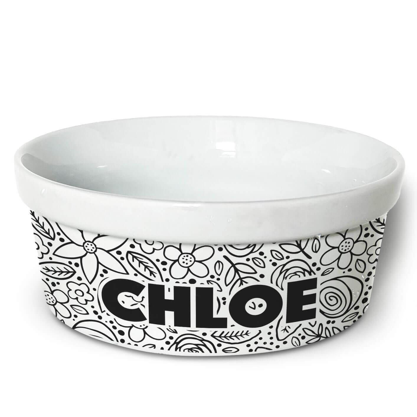 Kit Comedouro + Bebedouro Personalizados Com o Nome do Pet - Dupla de Tigelas de Cerâmica para Pets - Floral P&B