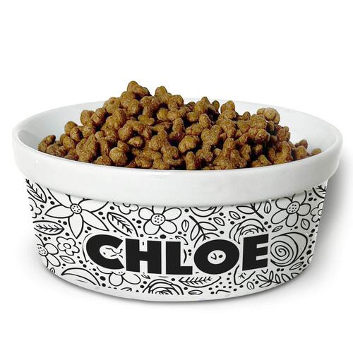 Kit Comedouro + Bebedouro Personalizados Com o Nome do Pet - Dupla de Tigelas de Cerâmica para Pets - Floral P&B