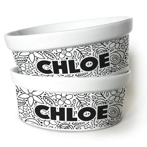 Kit Comedouro + Bebedouro Personalizados Com o Nome do Pet - Dupla de Tigelas de Cer�mica para Pets - Floral P&B