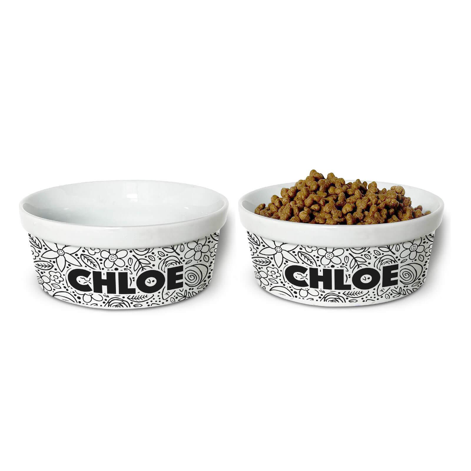 Kit Comedouro + Bebedouro Personalizados Com o Nome do Pet - Dupla de Tigelas de Cerâmica para Pets - Floral P&B