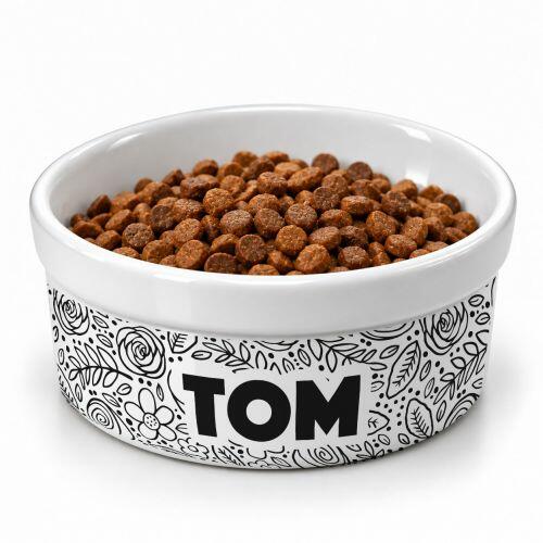 Kit Comedouro e Bebedouro de Cer�mica com Nome do Pet - Floral P&B