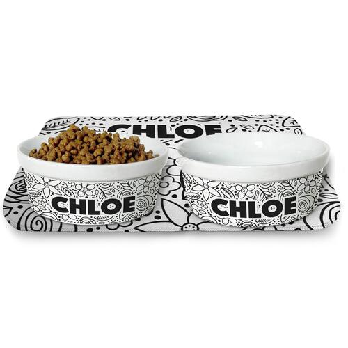 Kit Comedouro + Bebedouro + Tapete Personalizados - Floral P&B
