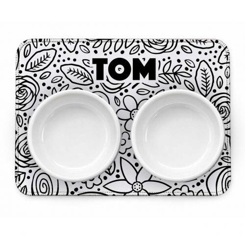 Kit Comedouro + Bebedouro + Tapete Personalizados - Floral P&B