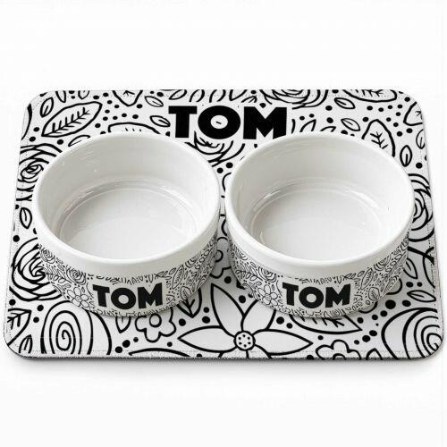 Kit Comedouro + Bebedouro + Tapete Personalizados - Floral P&B