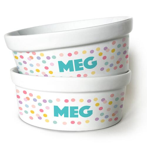 Kit Comedouro + Bebedouro Personalizados Com o Nome do Pet - Dupla de Tigelas de Cer�mica para Pets - Confetes