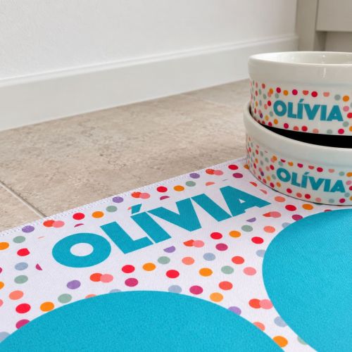 Tapete Duplo Antiderrapante Personalizado para Comedouro e Bebedouro - Confetes