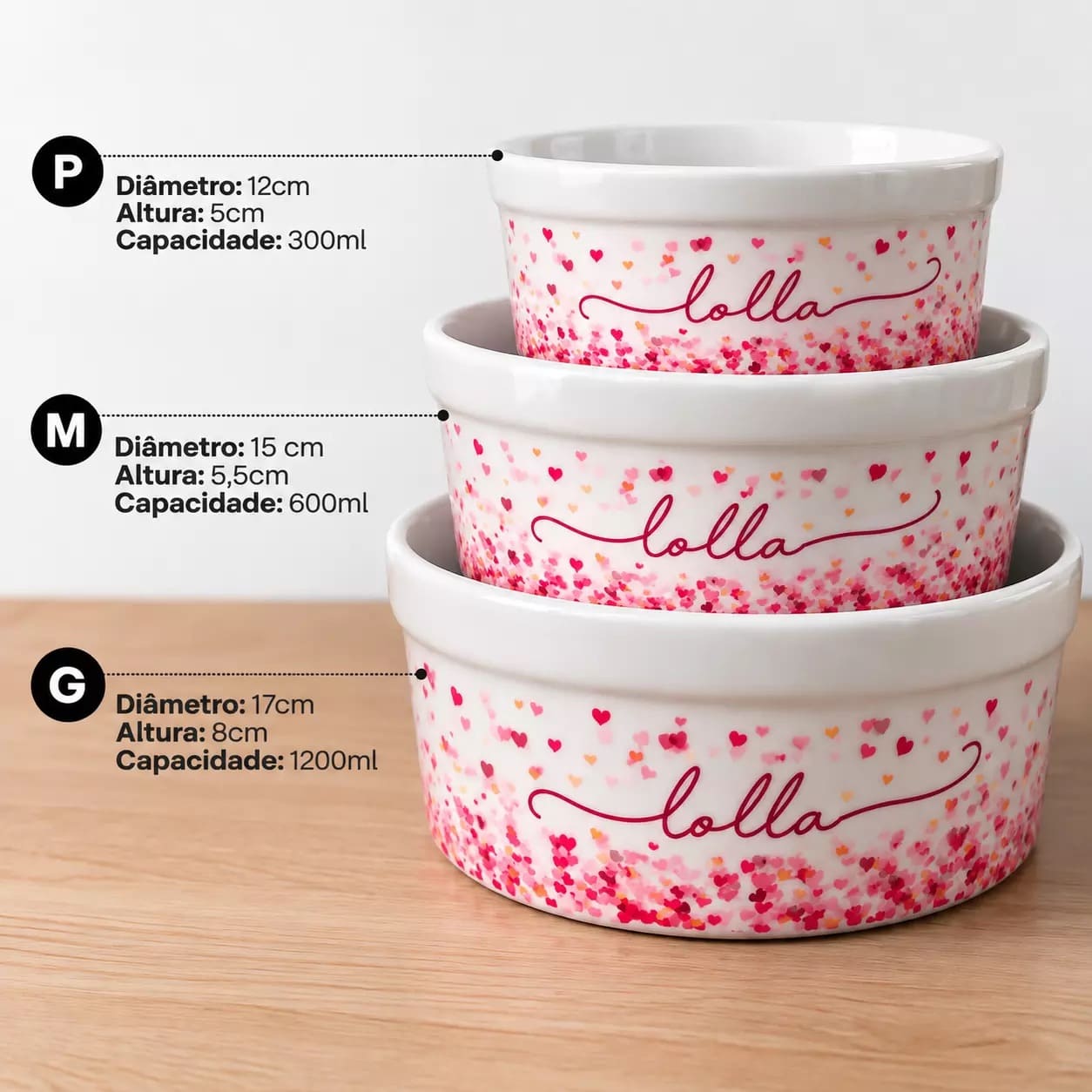 Kit Tigela Personalizada + Suporte de Elevação - Corações Azuis ou Rosas