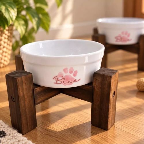 Kit Comedouro e Bebedouro Personalizados + 2 Suportes Individuais - Patinha Aquarela Rosa ou Azul