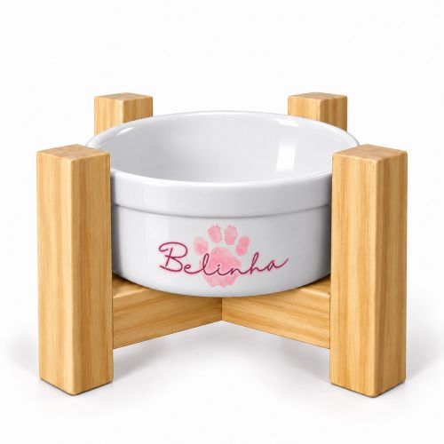 Kit Comedouro e Bebedouro Personalizados + 2 Suportes Individuais - Patinha Aquarela Rosa ou Azul