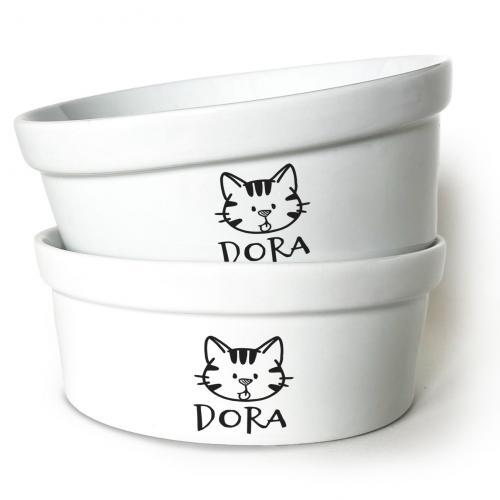 Kit Comedouro + Bebedouro Personalizados Com o Nome do Pet - Dupla de Tigelas de Cer�mica para Pets - Gato Rajado