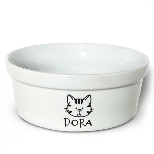 Kit Comedouro + Bebedouro Personalizados Com o Nome do Pet - Dupla de Tigelas de Cer�mica para Pets - Gato Rajado