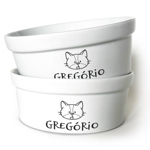 Kit Comedouro + Bebedouro Personalizados Com o Nome do Pet - Dupla de Tigelas de Cer�mica para Pets - Gato Frajola