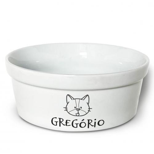 Kit Comedouro + Bebedouro Personalizados Com o Nome do Pet - Dupla de Tigelas de Cer�mica para Pets - Gato Frajola