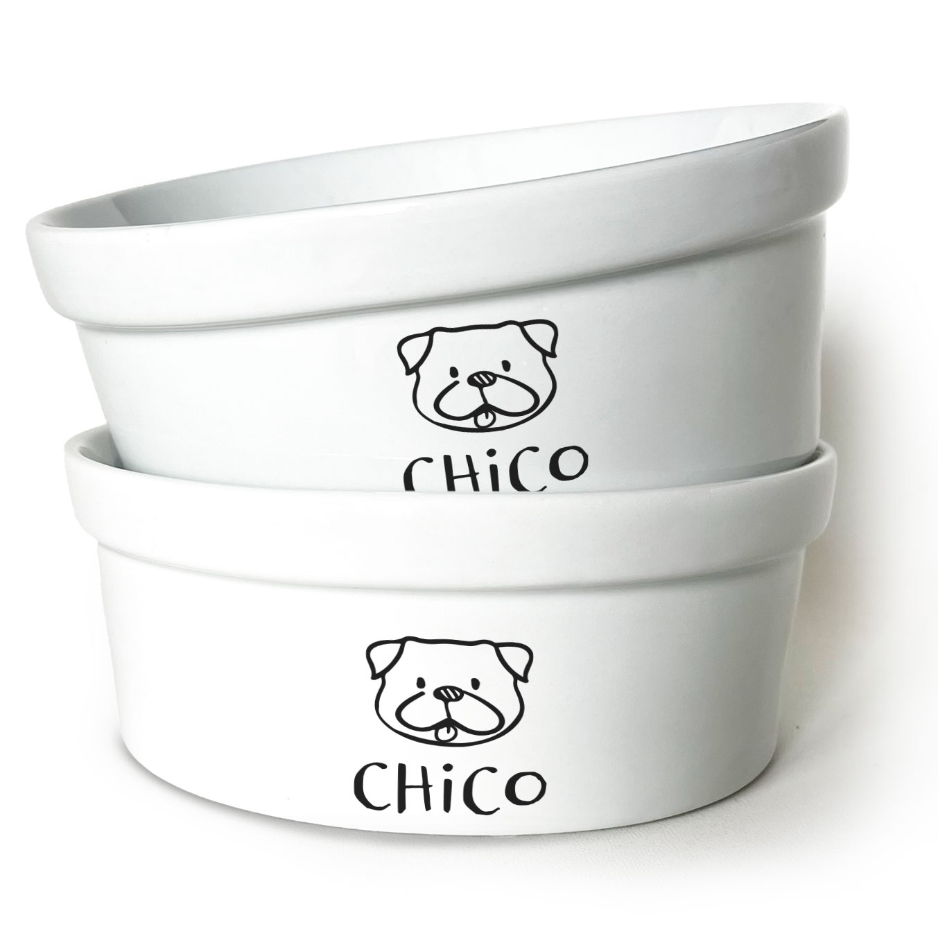 Kit Comedouro + Bebedouro Personalizados Com o Nome do Pet - Dupla de Tigelas de Cerâmica para Pets - Pug