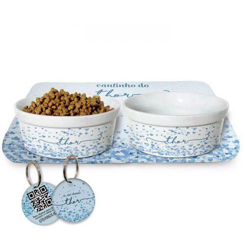 Kit Comedouro + Bebedouro + Tapete + Plaquinha - Cora��es Azuis