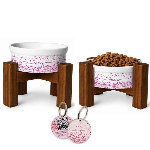 Kit 2 Tigelas+ 2 Suportes + Plaquinha + FRETE GR�TIS - Cora��es Rosas