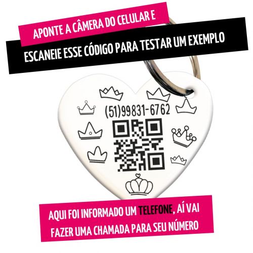 Placa de Identificação com Telefone e QR Code - Formato Coração - Realeza