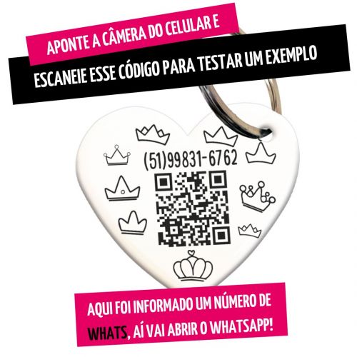 Placa de Identificação com Telefone e QR Code - Formato Coração - Realeza