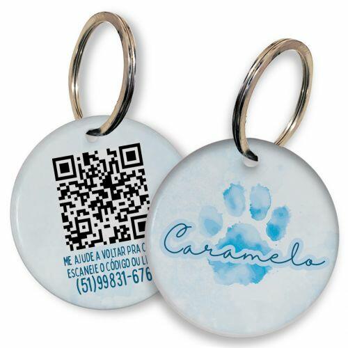Placa de Identifica��o Personalizada com Telefone e QR Code - Patinha Aquarela - Azul