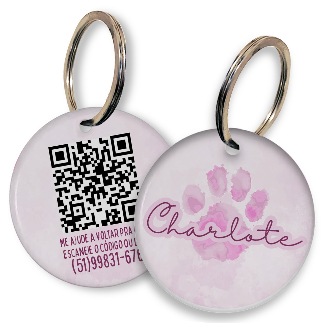 Placa de Identificação Personalizada com Telefone e QR Code - Patinha Aquarela - Rosa