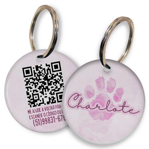 Placa de Identifica��o Personalizada com Telefone e QR Code - Patinha Aquarela - Rosa